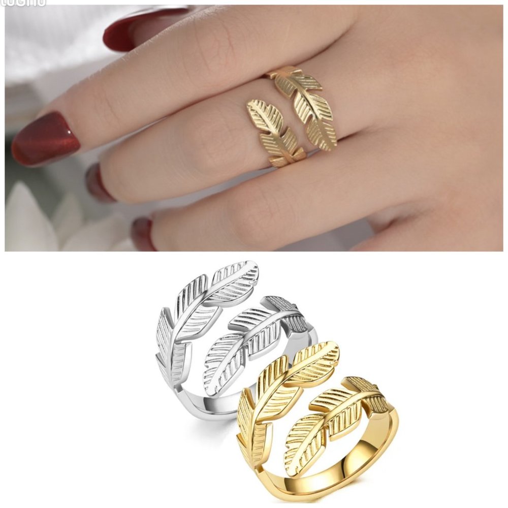 Titanium Steel Feather Angel Textured Adjustable Open Ring - Gold or Silver NEW